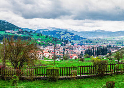 Panoramic view of Kalavryta village during a cloudy day.