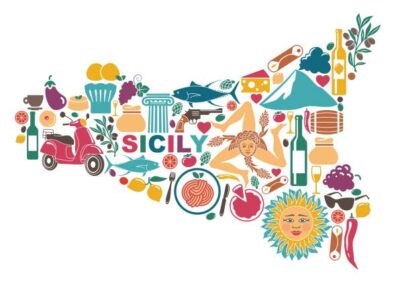 Stylized map of Sicily with traditional symbols of nature, cuisine and culture