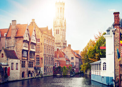 View to the canals and Bell Tower of Bruges