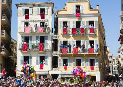 Corfu, Greece – April 7, 2018: Corfians throw clay pots from windows and balconies on Holy Saturday to celebrate the Resurrection of Christ. Easter pot smashing